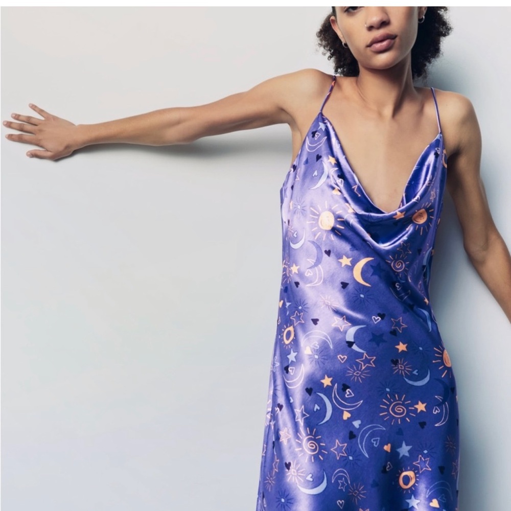 New Zara Celestial Stars Starfish Moon Printed Lilac Satin Slip Mini Dress M